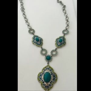 Boho Moroccan Enamel Statement Necklace – Green & Blue Filigree